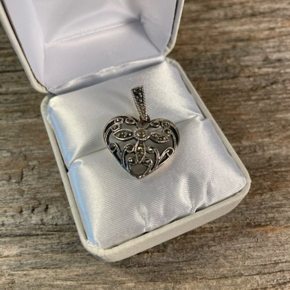 Vintage Sterling Silver 925 Marcasite Heart Pendant - Picture 1 of 6